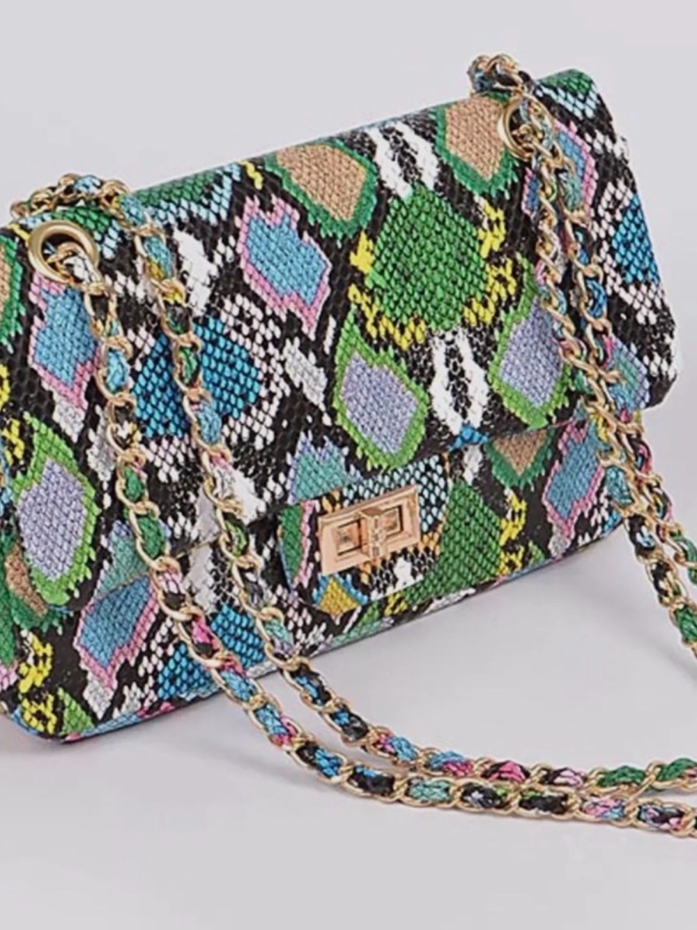 Multicolor Snakeskin-Pattern Chain Shoulder Bag